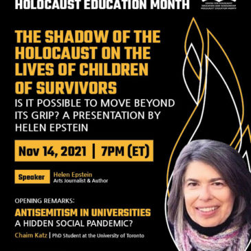 Second Generation Program–Keynote Address by Helen Epstein: “The Shadow of the Holocaust on the lives of descendants of survivors – Is it possible to move beyond its grip?”