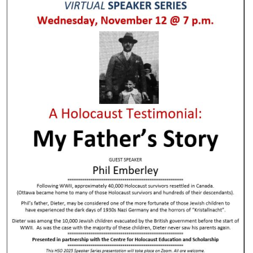A Holocaust Testimonial: My Father’s Story, November 12th, 2025, 7:00pm